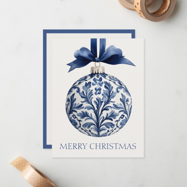 Navy Blue and White Chinoiserie Christmas Ornament Card (Front/Back In Situ)