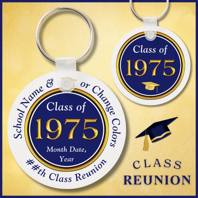 Navy Blue and White, Class of 1975 Reunion, Favour Key Ring (Navy Blue and Gold, Class of 75 Reunion. 50th high school reunion. Cheap 50th class reunion favors.)