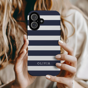 Navy Blue and White Classic Stripes Monogram iPhone 16 Case