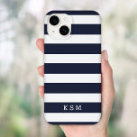 Navy Blue and White Classic Stripes Monogram Case-Mate iPhone 14 Case<br><div class="desc">Protect your phone in style with this classic preppy striped iPhone case, featuring a timeless stripe pattern and a personalised name or monogram for a sophisticated touch. Choose from a variety of colours and fonts to match your aesthetic, whether you prefer bold, pastel, or neutral tones. Designed for durability and...</div>