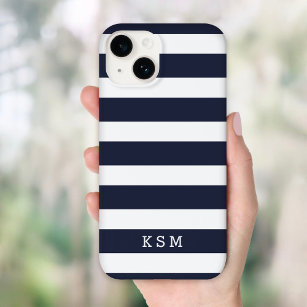 Navy Blue and White Classic Stripes Monogram Case-Mate iPhone 14 Case