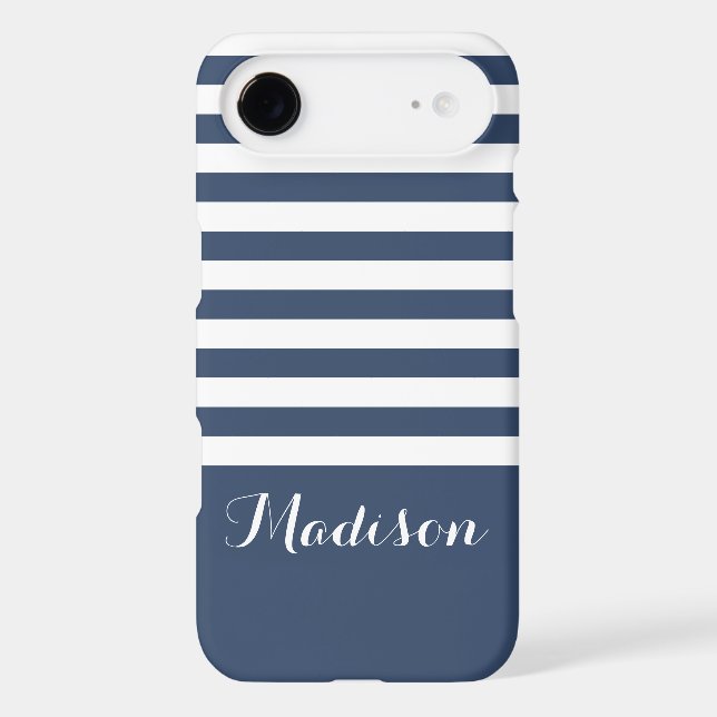 Navy Blue and White Classic Stripes Monogram Case-Mate iPhone Case (Back)