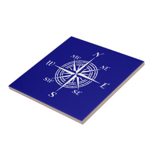 Navy Blue And White Coastal Decor Compass Rose Tile