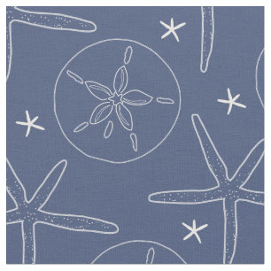 Navy Blue and White Coastal Starfish, Sand Dollar Fabric