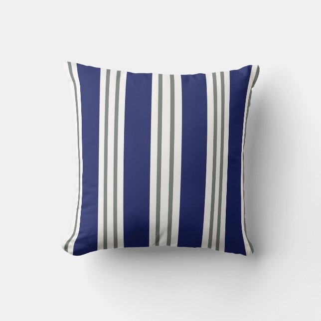Navy Blue and White Coastal Stripes Cushion (Front)