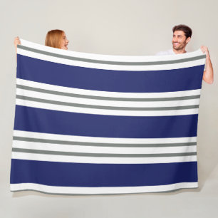 Navy Blue and White Coastal Stripes Fleece Blanket