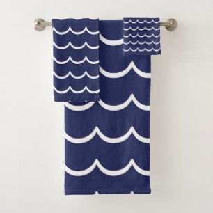 Navy Blue and White Coastal Wave Pattern Bath Towel Set
