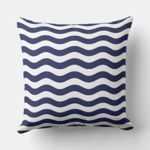 Navy Blue and White Coastal Wave Pattern Cushion