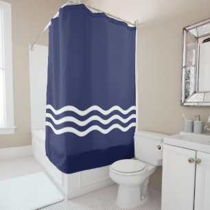 Navy Blue and White Coastal Wave Pattern Shower Curtain