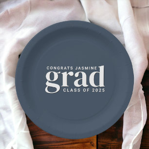 Navy Blue and White Congrats Grad with Class Year Paper Plate