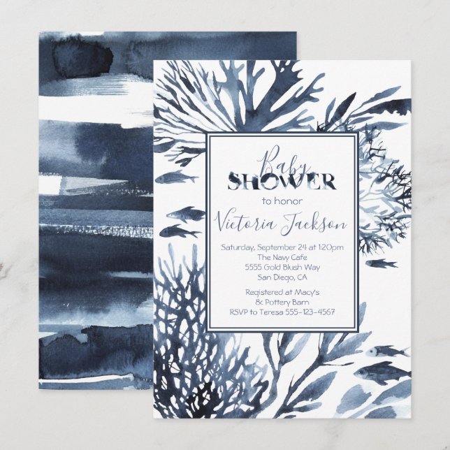 Navy Blue and White Coral Reef Baby Shower Invitation (Front/Back)