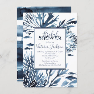 Navy Blue and White Coral Reef Bridal Shower Invitation