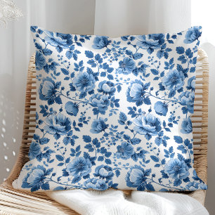 Navy Blue and White Cottage Floral Pattern Cushion