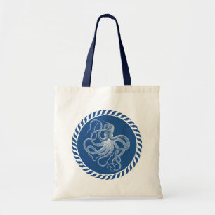 Navy Blue And White Cute Octopus Illustration Tote Bag