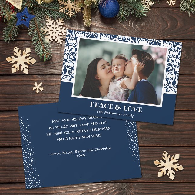 Navy Blue and White Damask Christmas Photo Holiday Card (Navy blue and white damask design Christmas photo holiday cards, PRINTED and/or INSTANT DOWNLOAD)