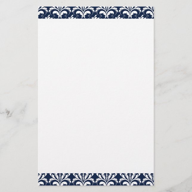 Navy Blue and White Damask Plain Stationery (Front)