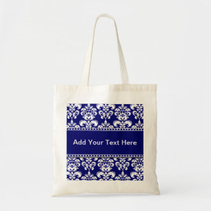Navy Blue and White Damask Tote Bags Customisable