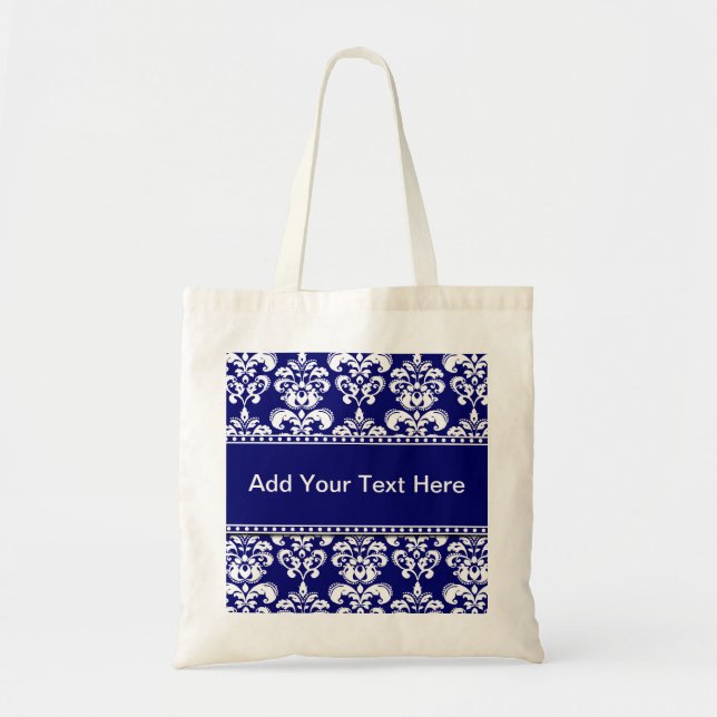 Navy Blue and White Damask Tote Bags Customisable (Front)