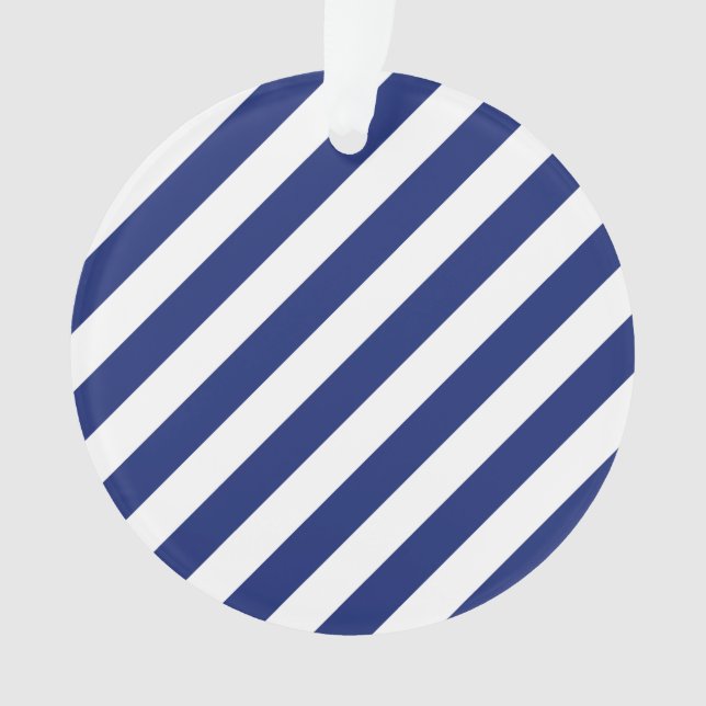 Navy Blue and White Diagonal Stripes Pattern Ornament (Front)
