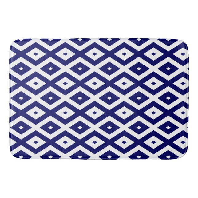 Navy blue and white diamond pattern bath mat (Front)
