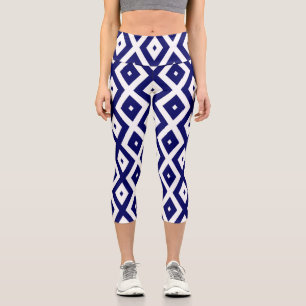 Navy blue and white diamond pattern capri leggings