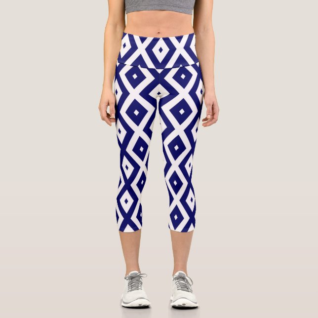 Navy blue and white diamond pattern capri leggings (Front)