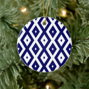 Navy blue and white diamond pattern ceramic ornament