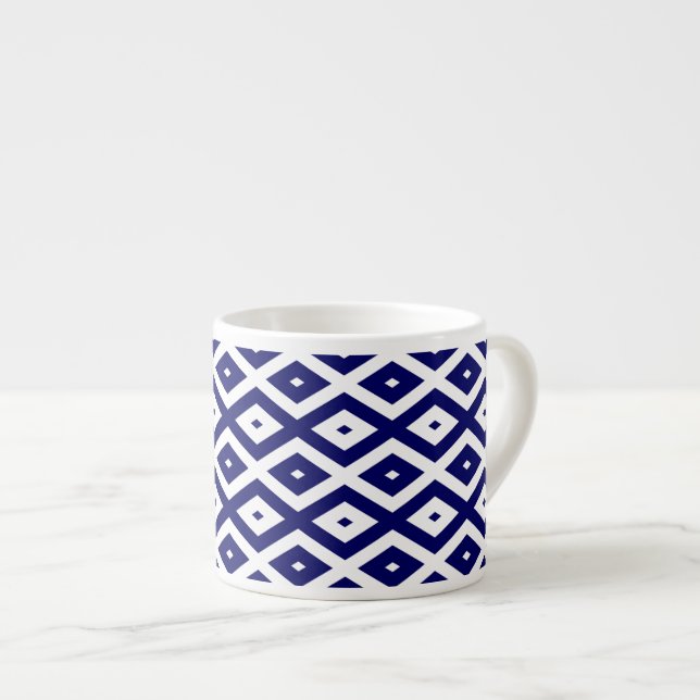 Navy blue and white diamond pattern espresso cup (Front Right)