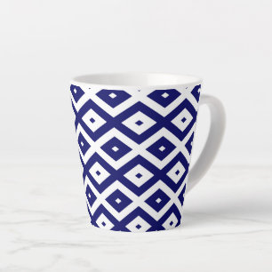 Navy blue and white diamond pattern latte mug