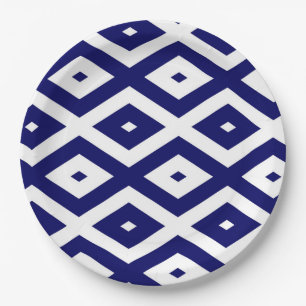 Navy blue and white diamond pattern paper plate