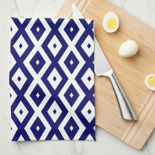 Navy blue and white diamond pattern tea towel (Quarter Fold)