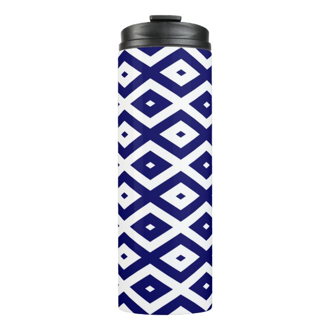 Navy blue and white diamond pattern thermal tumbler (Front)