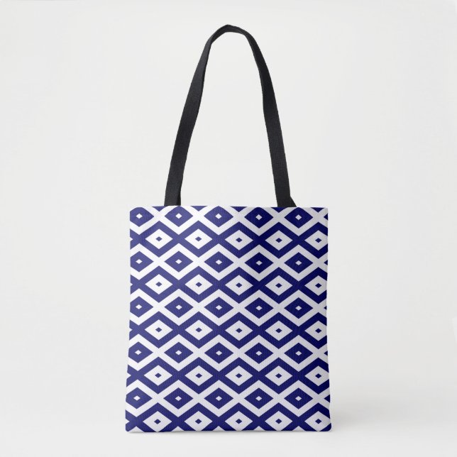 Navy blue and white diamond pattern tote bag (Front)
