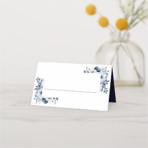 Navy Blue and White Elegant Floral Wedding Place Card