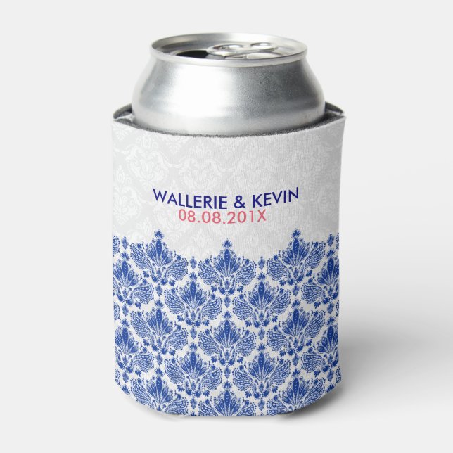 Navy Blue And White Elegant Lacy Damasks Can Cooler (Can Front)