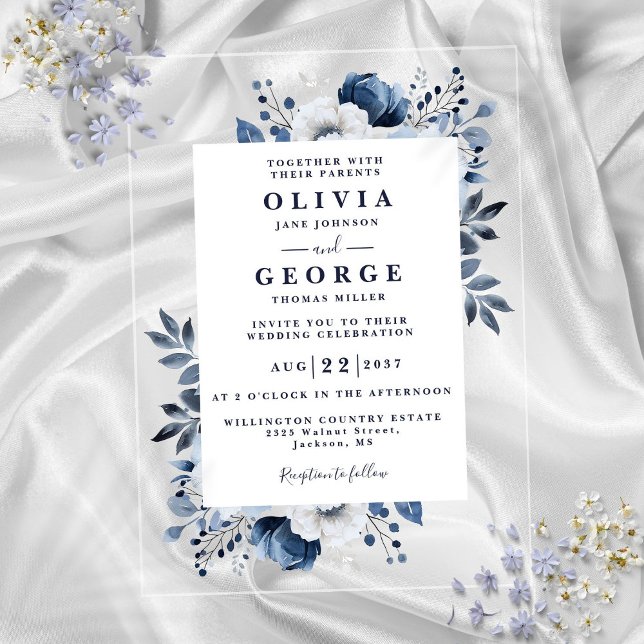 Navy Blue And White Elegant Modern Floral Wedding Acrylic Invitations (Navy Blue And White Elegant Modern Floral Wedding Acrylic Invitations)