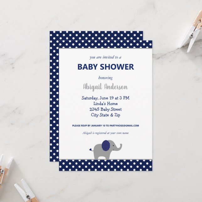 Navy Blue and White Elephant Polka Dot Baby Shower Invitation (Front/Back In Situ)