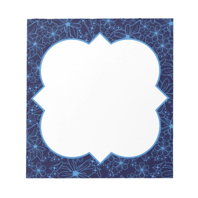 Navy Blue and White Floral Border, Blank Notepad (Front)