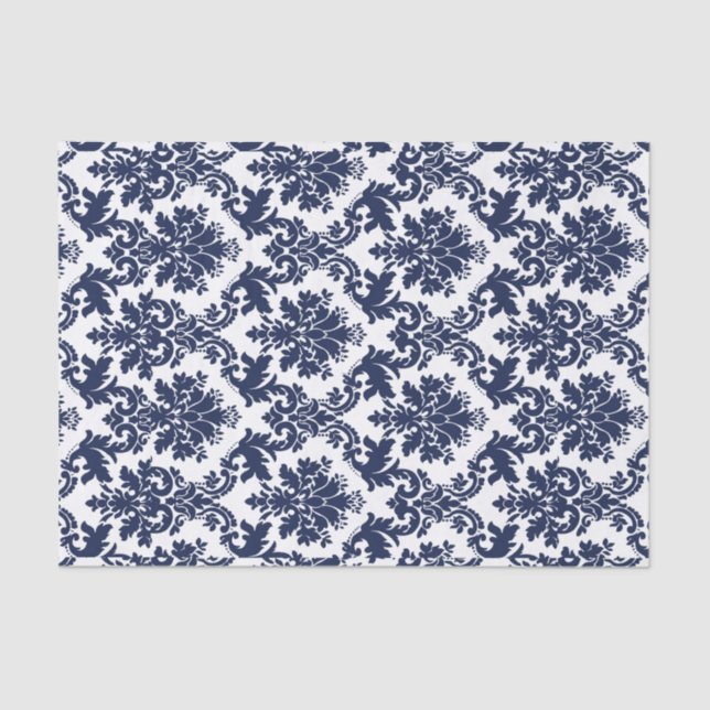 Navy blue and white floral damasks pattern tissue paper (Front)