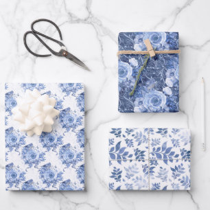 Navy Blue and White Floral Leaf Wrapping Paper Sheet