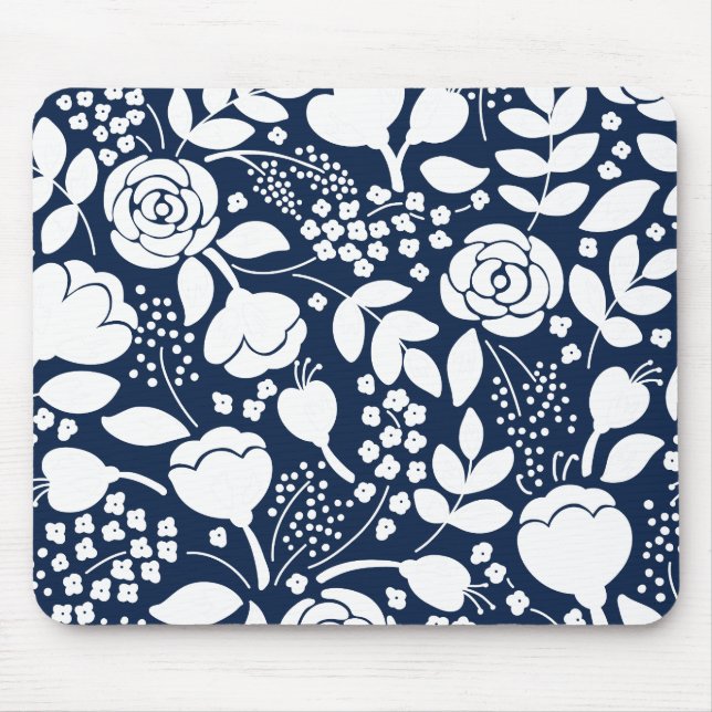 Navy blue and white floral pattern mouse pad (Front)