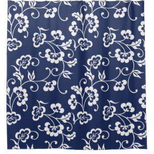 Navy Blue and White Floral Pattern Shower Curtain