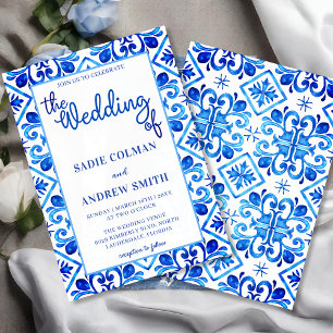 Navy Blue and White Floral Photo Frame Wedding Invitation