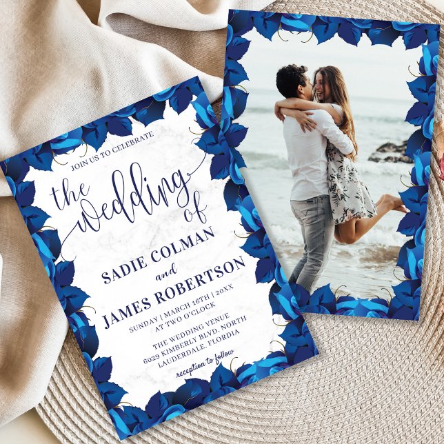 Navy Blue and White Floral Photo Frame Wedding Invitation (Creator Uploaded)