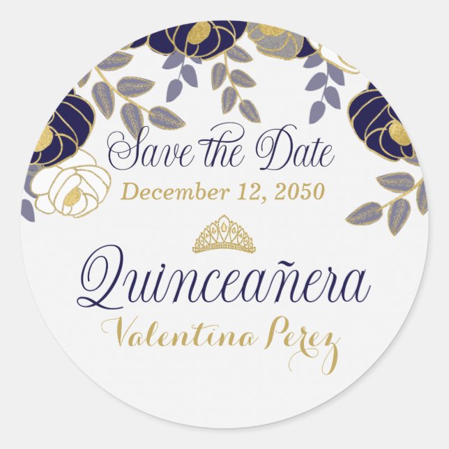 Navy Blue and White Floral Quinceanera Classic Round Sticker (Front)