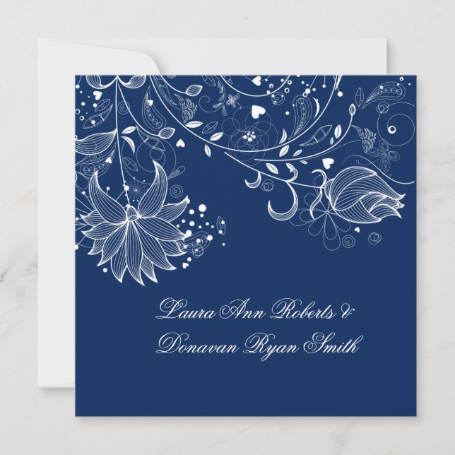 Navy Blue and White Floral Swirls Post Wedding Invitation (Front)