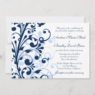Navy Blue and White Floral Wedding Invitation