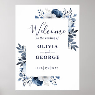 Navy Blue And White Floral Wedding Welcome Sign
