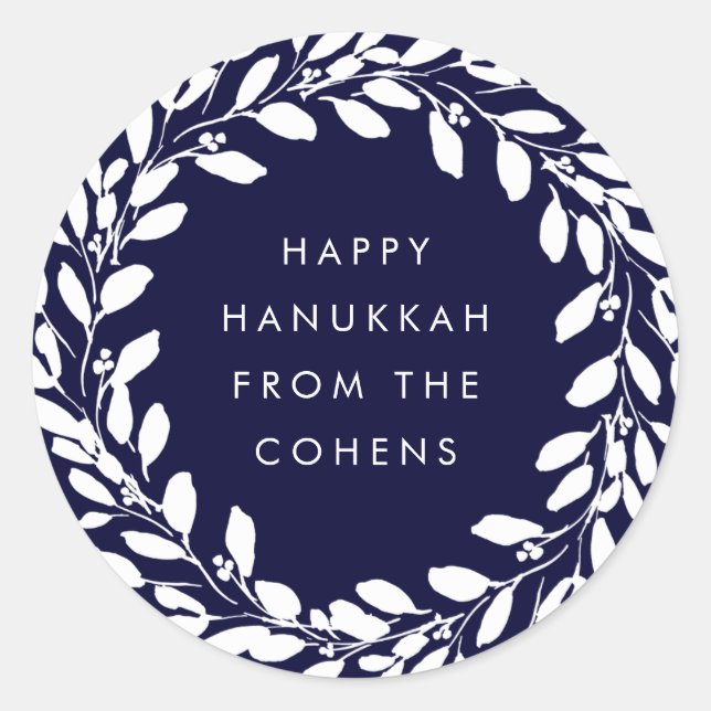 Navy Blue and White Foliage Wreath Happy Hanukkah Classic Round Sticker (Front)