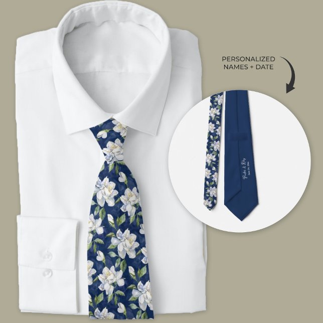 Navy Blue and White Gardenia Floral  Tie (Creator Uploaded)